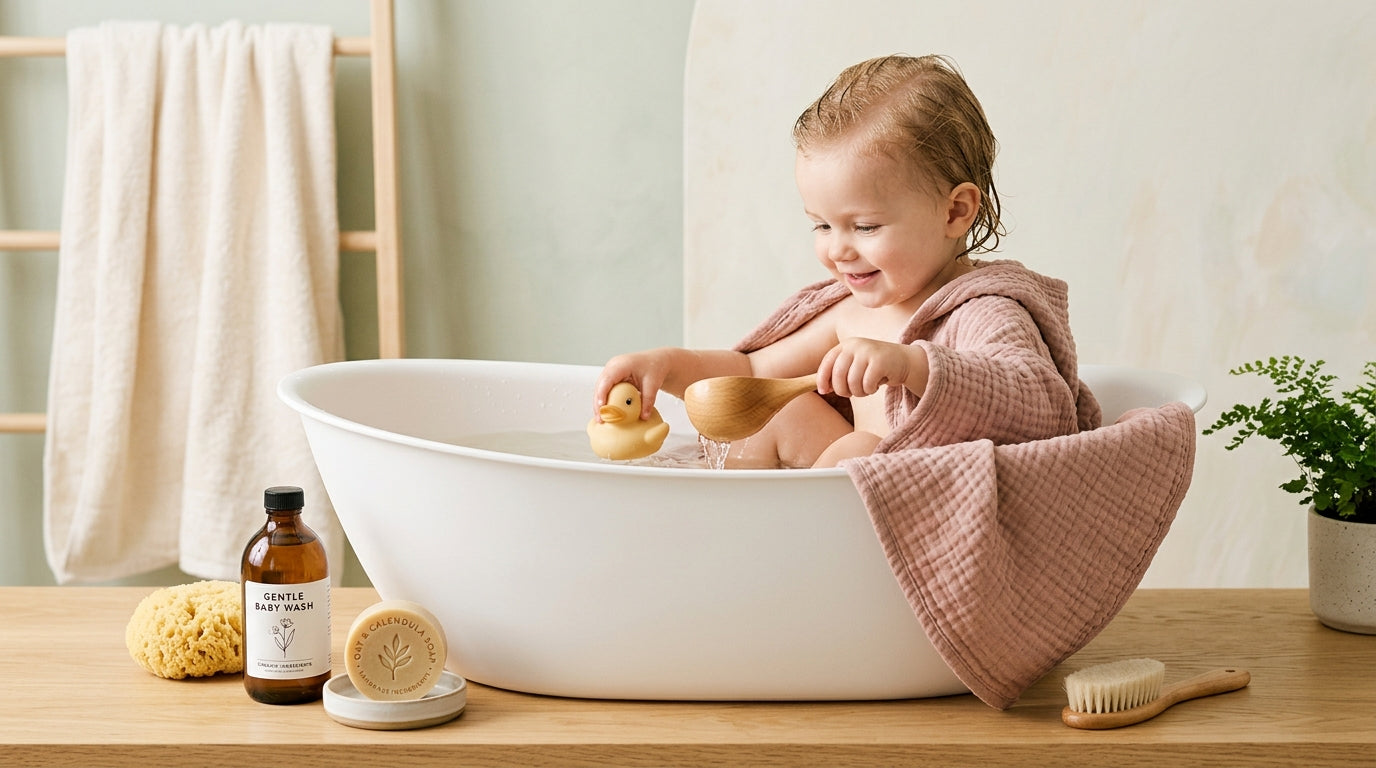 A slippery newborn infant receiving a very minimal sponge bath