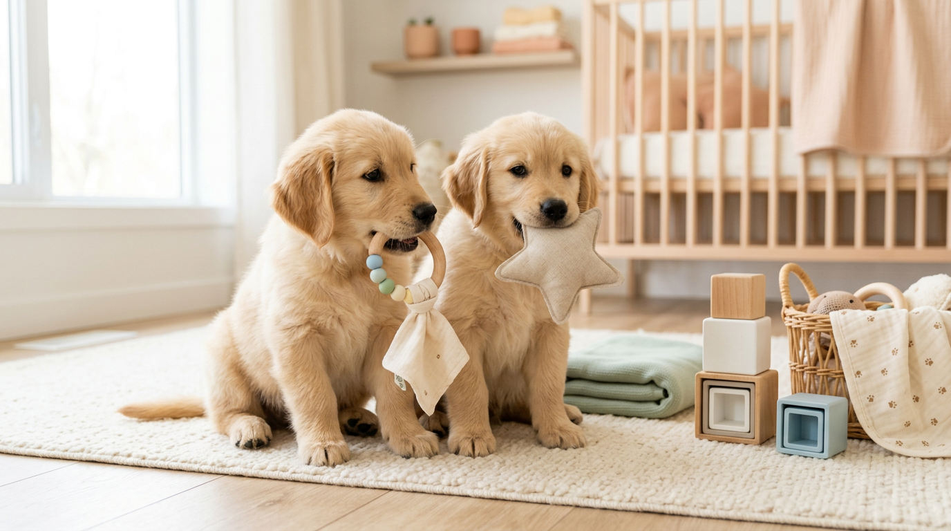 Golden spaniel puppy chewing on a toy next to twin toddler girls.