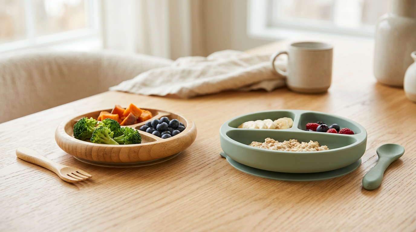 A wooden toddler plate with a silicone suction base covered in messy spaghetti.