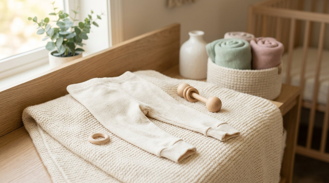 Baby wearing ribbed organic cotton leggings crawling on a rug