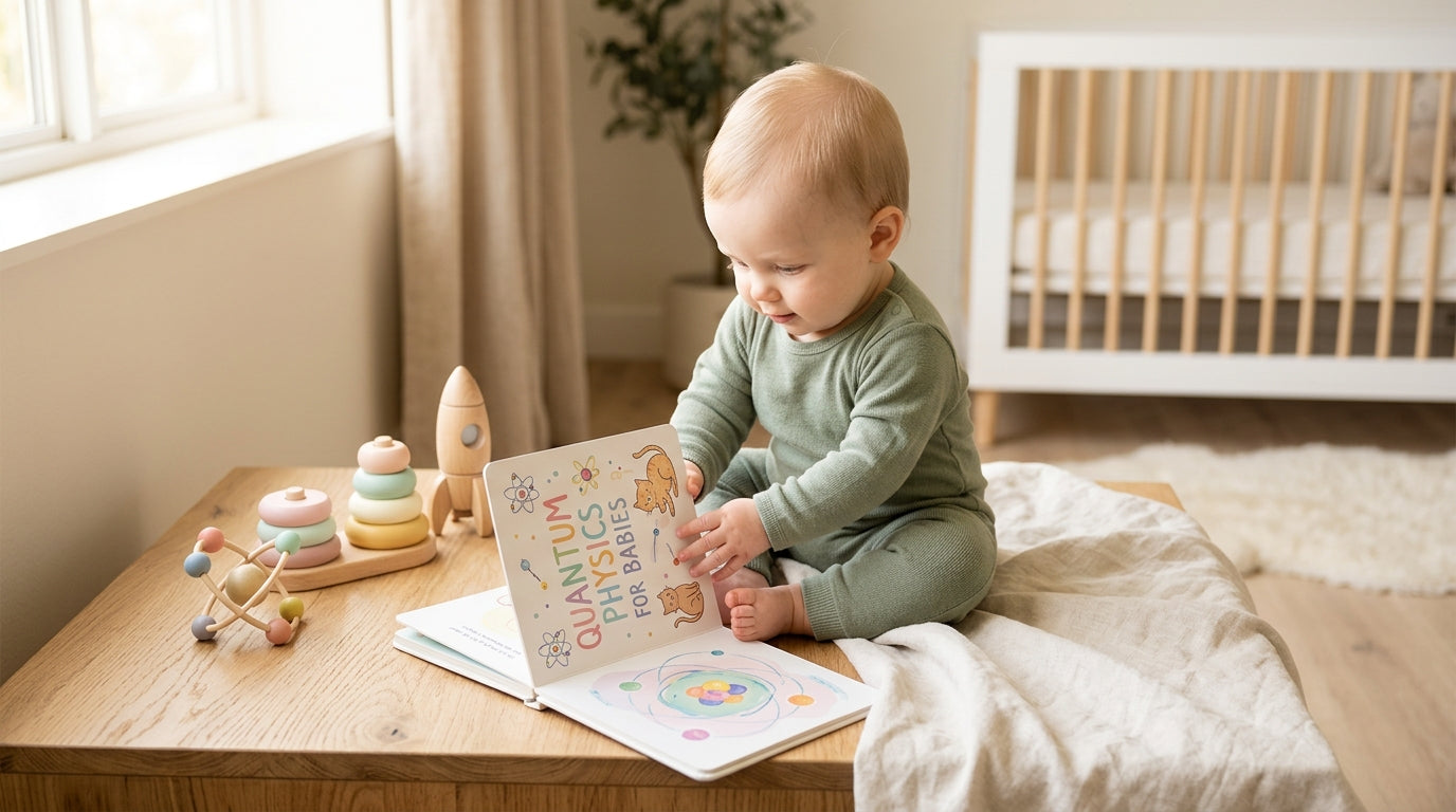 A tired mother watching her baby chew on a physics board book.