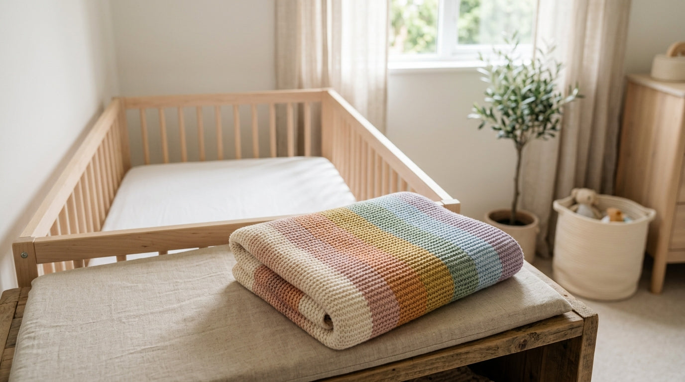 Baby sleeping safely in a bare crib without any loose rainbow blankets