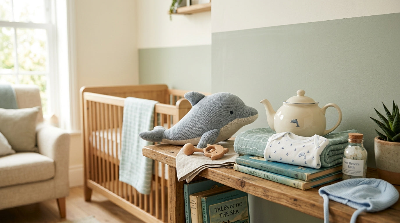 A simple wooden play gym on a messy rug surrounded by organic toddler clothes.