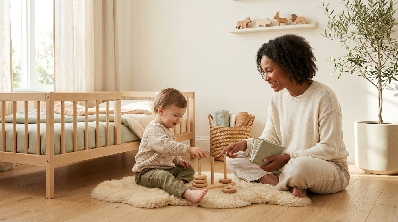 Wooden play gym with natural animal toys in a minimalist nursery