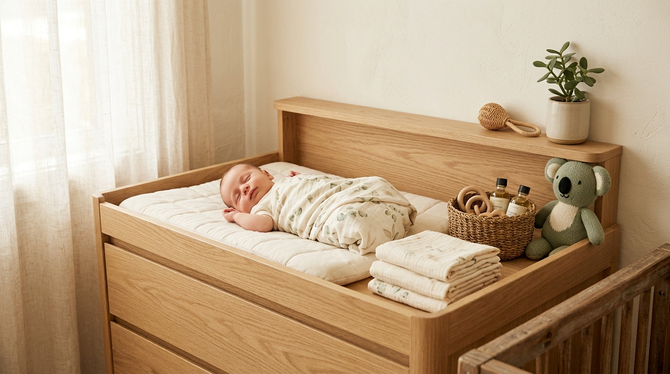 A tired mom packing organic infant clothes and a wooden play gym for a nature trip with her little bush babies.