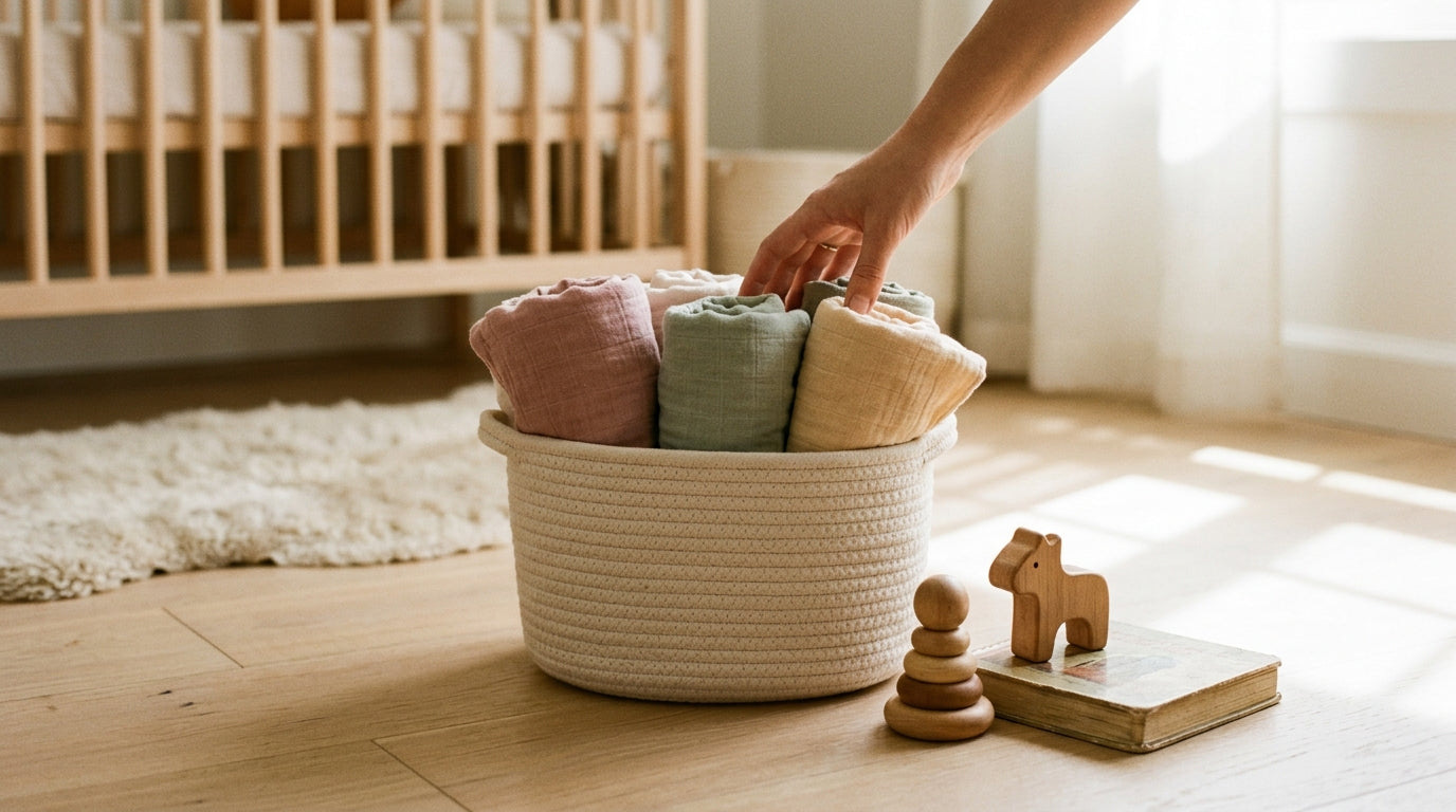 Toddler playing independently with natural wooden toys on a living room rug