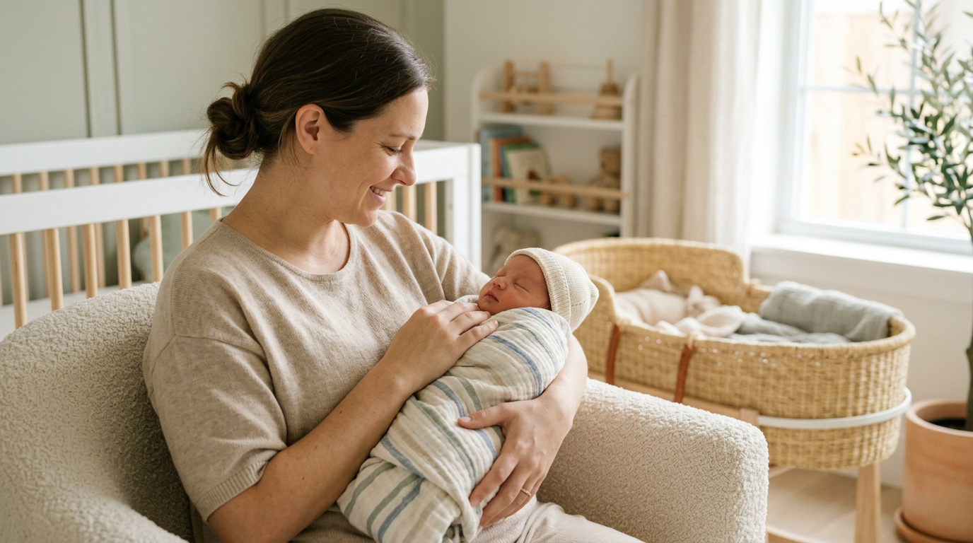 Jess folding organic cotton Linxia baby clothes on a messy living room couch