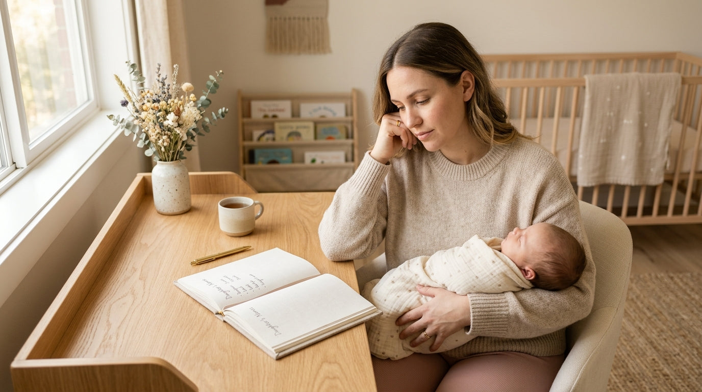 Exhausted British dad looking at a laptop spreadsheet of rare daughter monikers while holding two bottles.