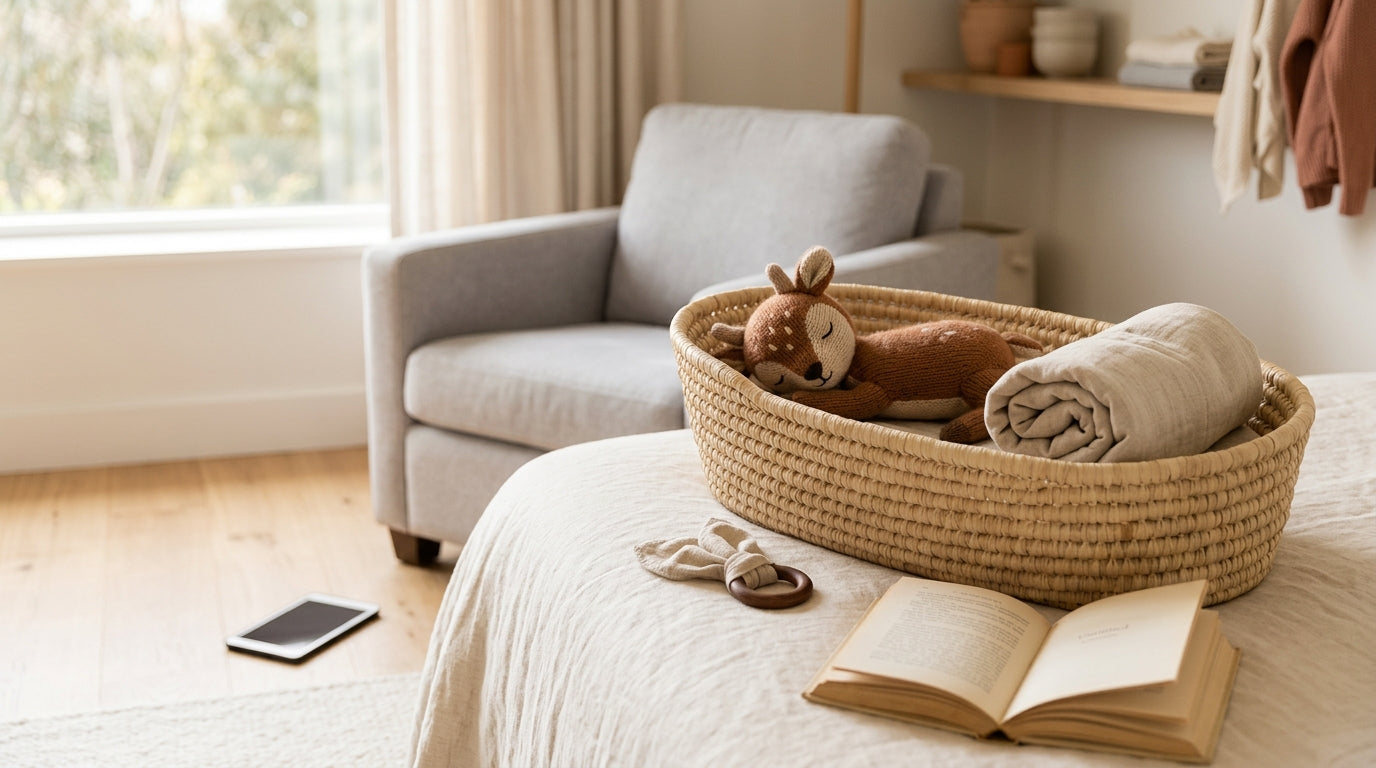 11-month-old baby playing safely under a wooden Kianao play gym without any hazards.