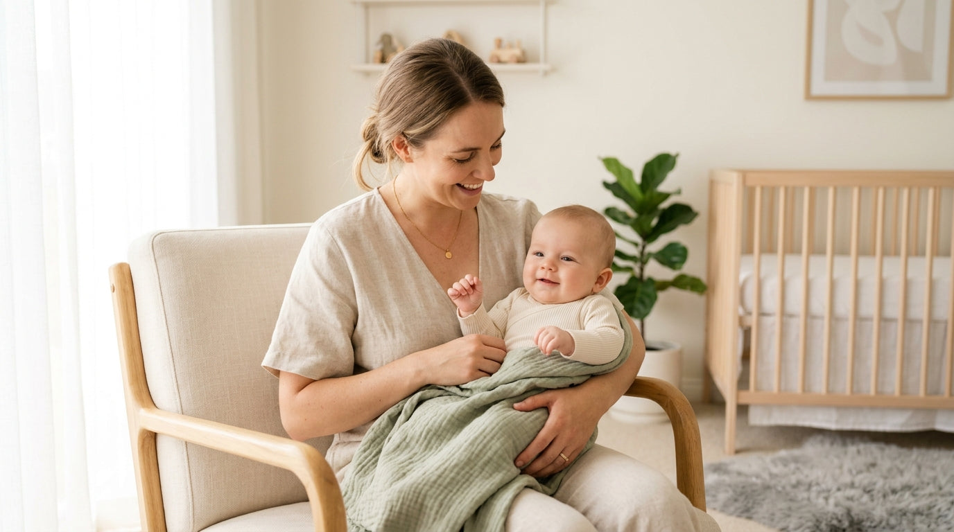 Exhausted mom holding a smiling infant in a living room scattered with wooden toys.
