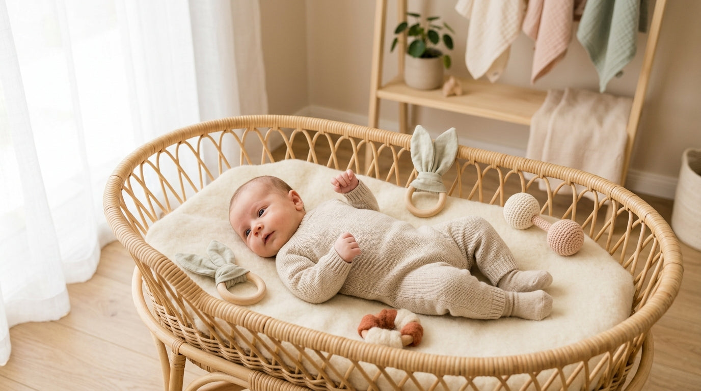 A tired mother sorting through baby toys and organic blankets on a messy living room floor