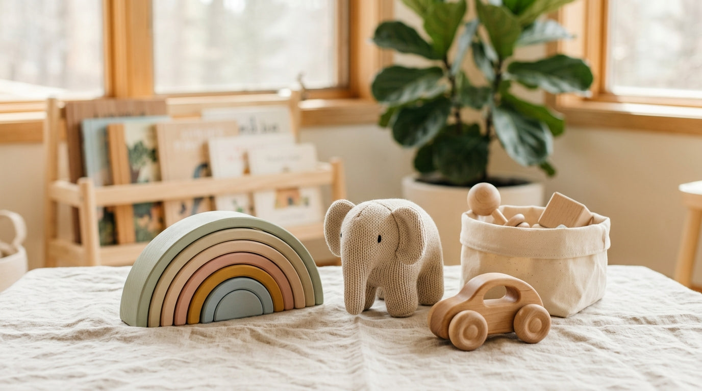 Messy living room with bright plastic infant items mixed with wooden blocks