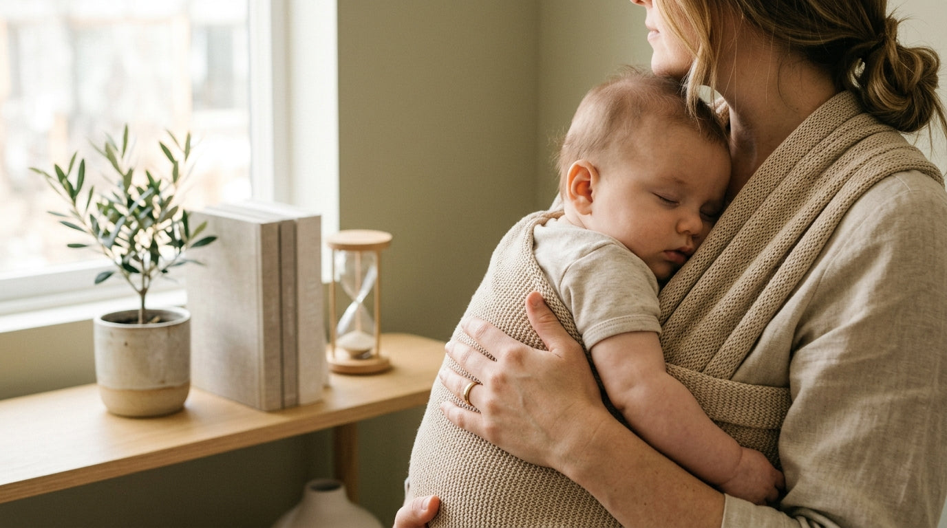 Overwhelmed mother trying to quiet a crying baby at a formal event