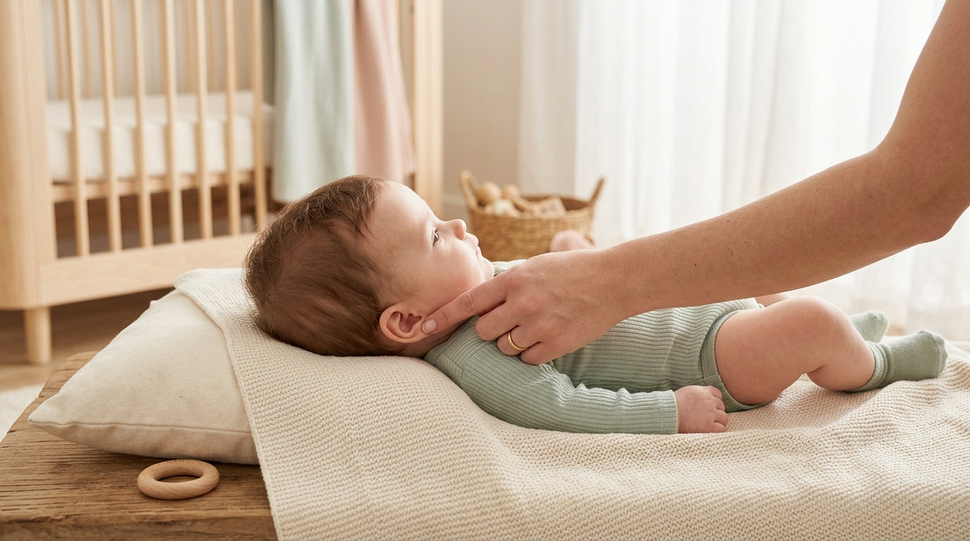 Tired mom holding a crying baby who is angrily rubbing their cheek and ear during a late-night wake up.