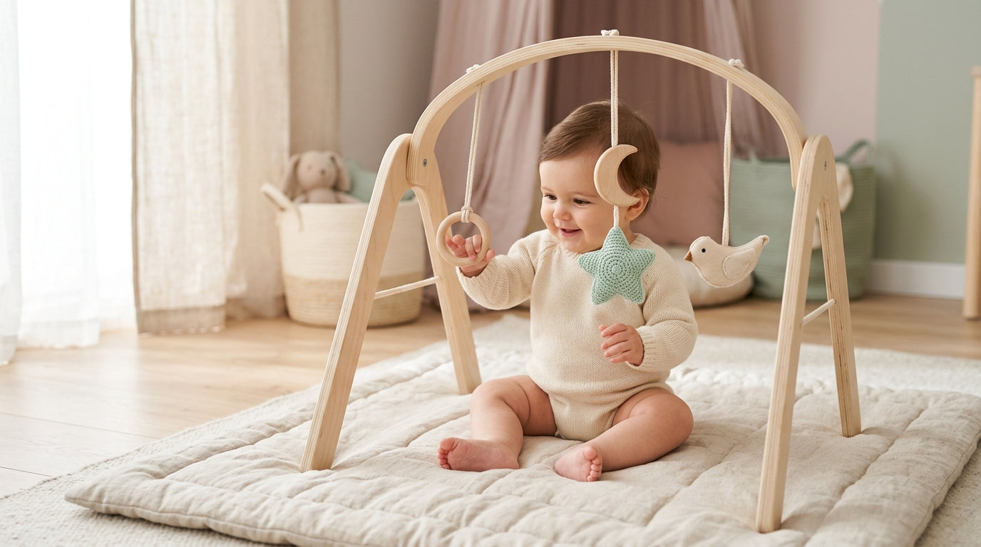 A neutral infant play mat on a living room floor covered in scattered baby toys and an abandoned coffee cup.