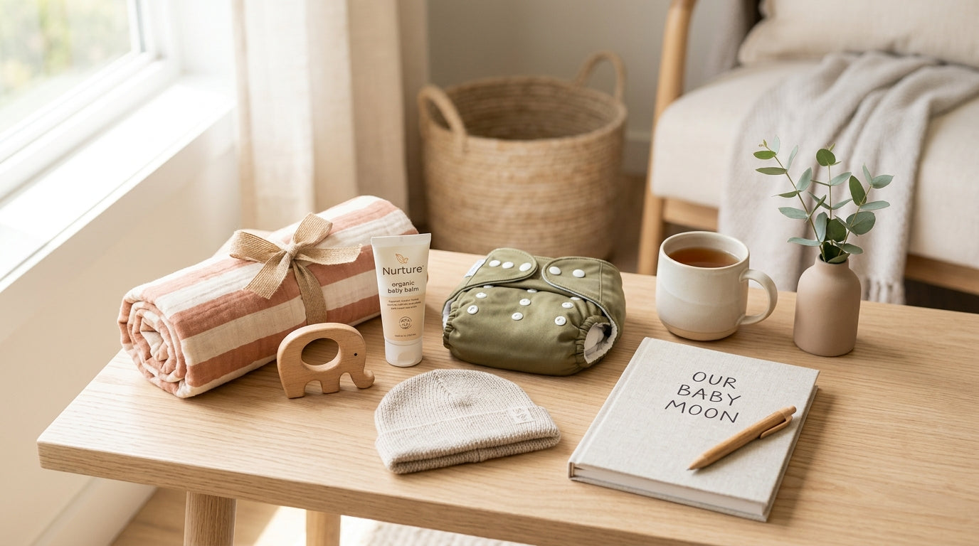 Pregnant mom packing a hospital bag and organic baby clothes for a baby moon