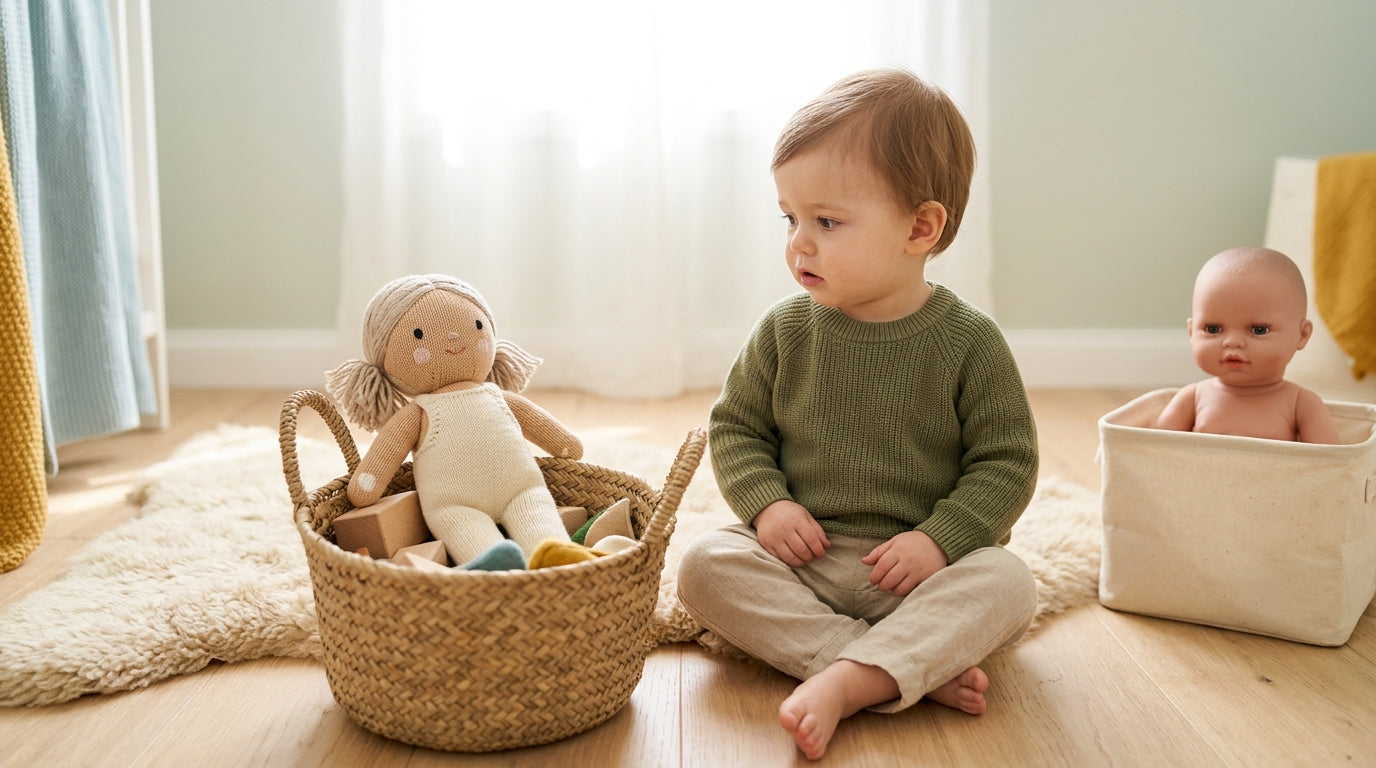 Toddler aggressively dragging a realistic baby doll by the ankle