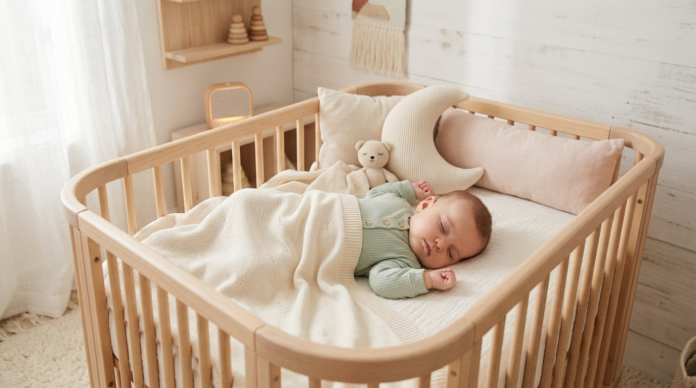 Tired mom sitting in a nursery glider rocking a baby to sleep in the dark