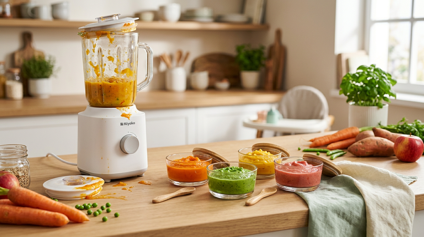 Messy kitchen counter with baby puree recipes ingredients and a silicone spoon