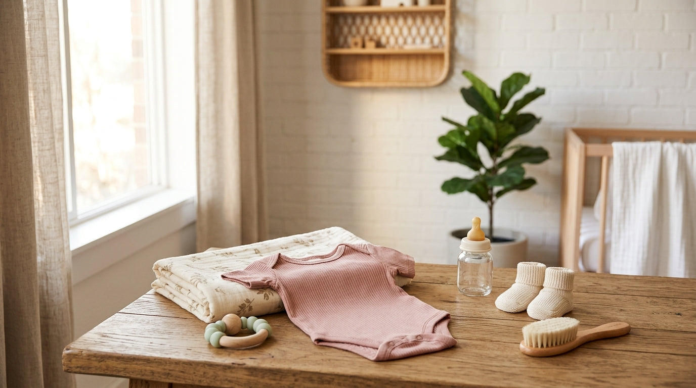 A tired mom holding a cup of coffee while looking at baby clothes