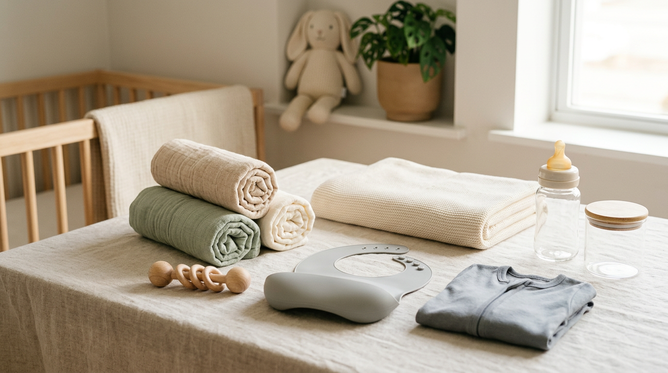 A confused dad staring at a massive pile of complicated baby products