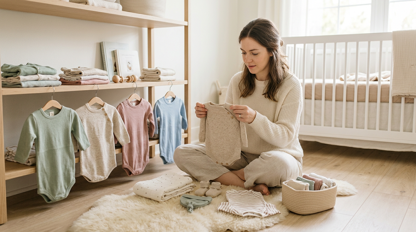 A very tired parent holding two identically dressed babies in white organic cotton sleep suits