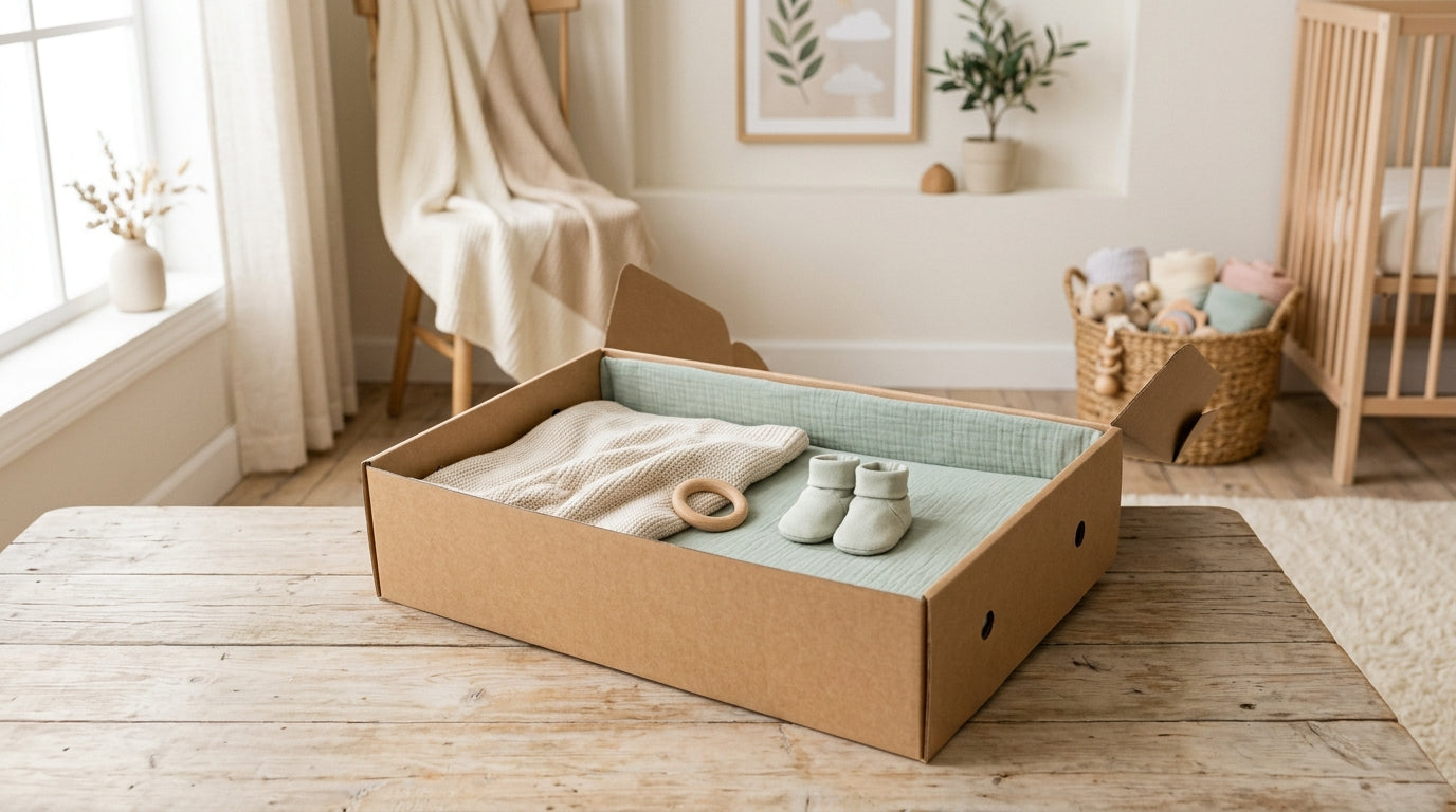 A simple nursery setup with organic cotton clothing and a wooden play gym