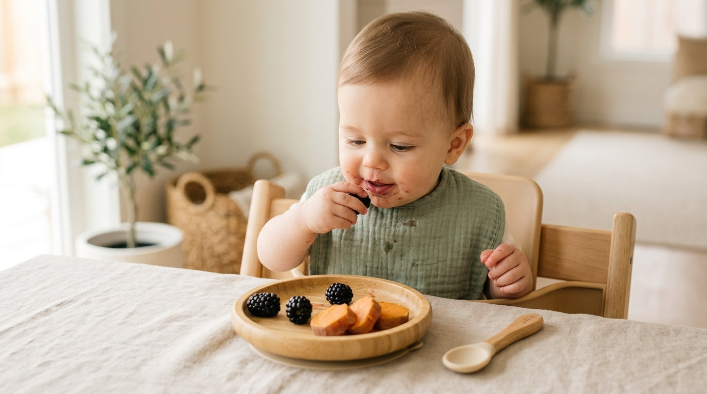 Baby covered in mashed sweet potato sitting in a high chair