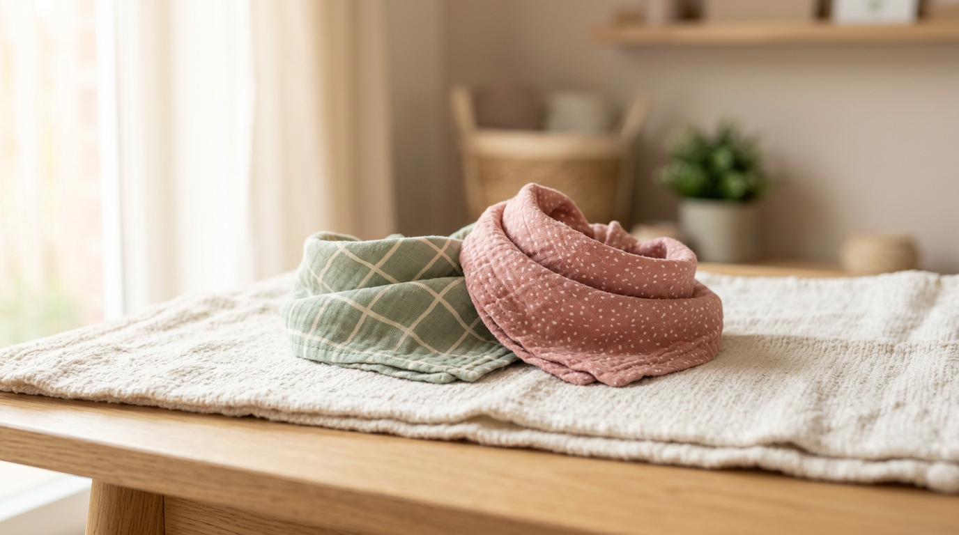 Toddler wearing an organic cotton triangle neckerchief while playing outdoors