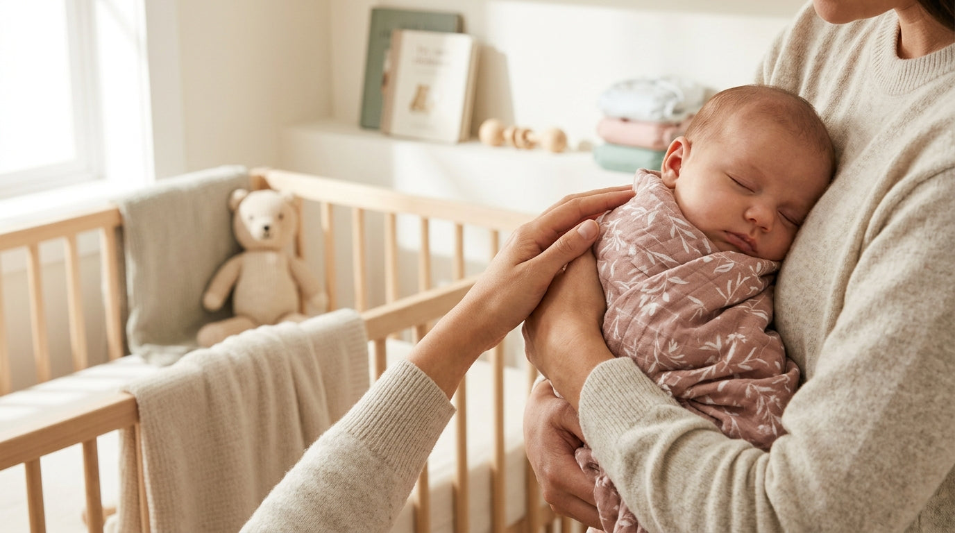 Sarah holding a coffee mug while sitting next to a baby in an organic cotton bodysuit