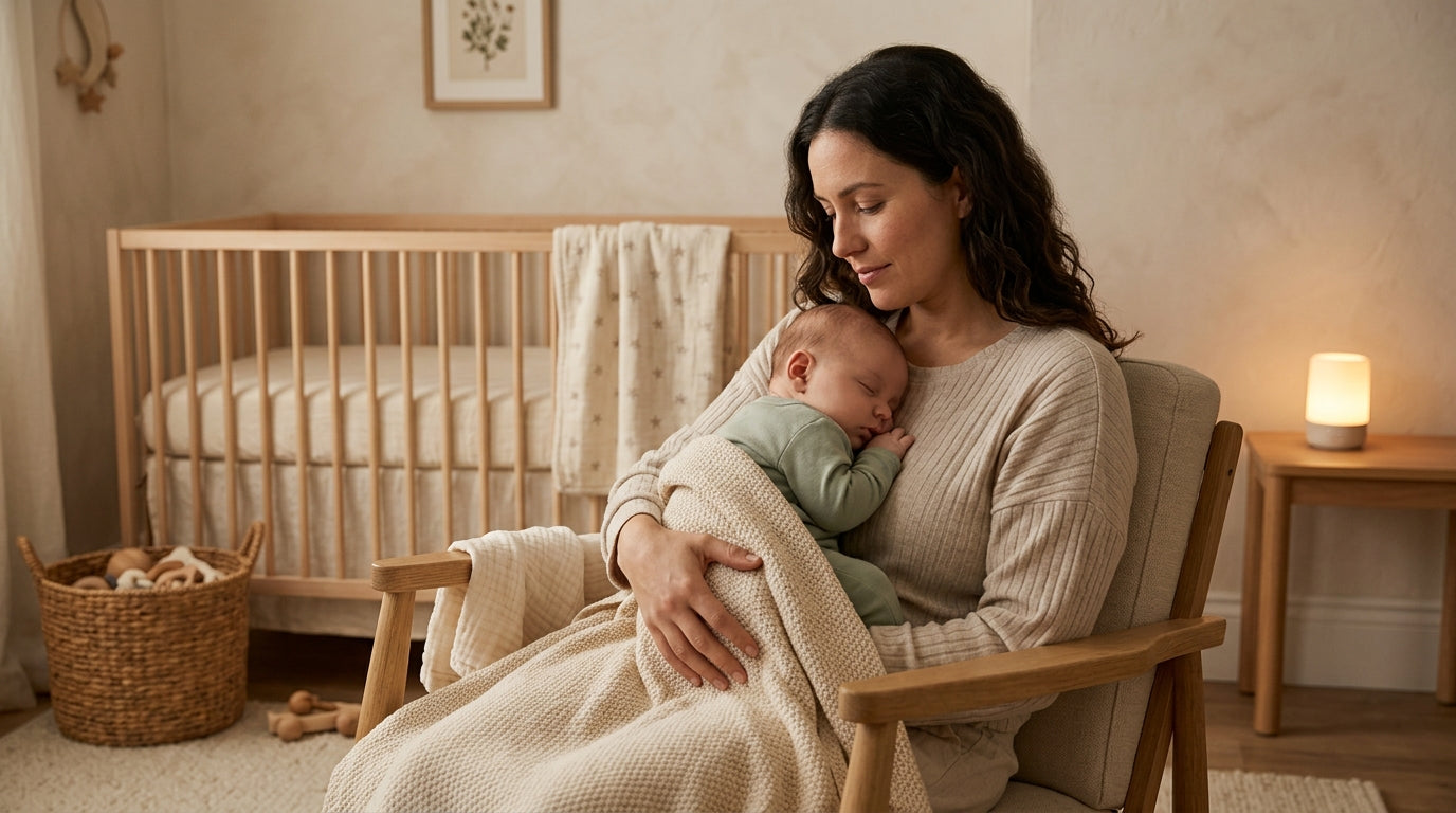 Exhausted mom holding a crying newborn in a dimly lit nursery.