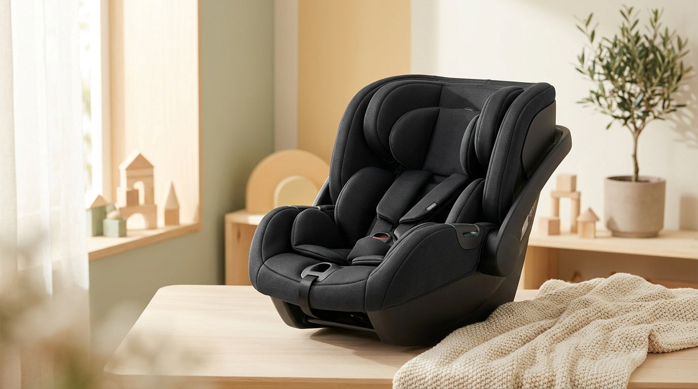 A dad attempting to install a heavy toddler car seat into the back of a family car