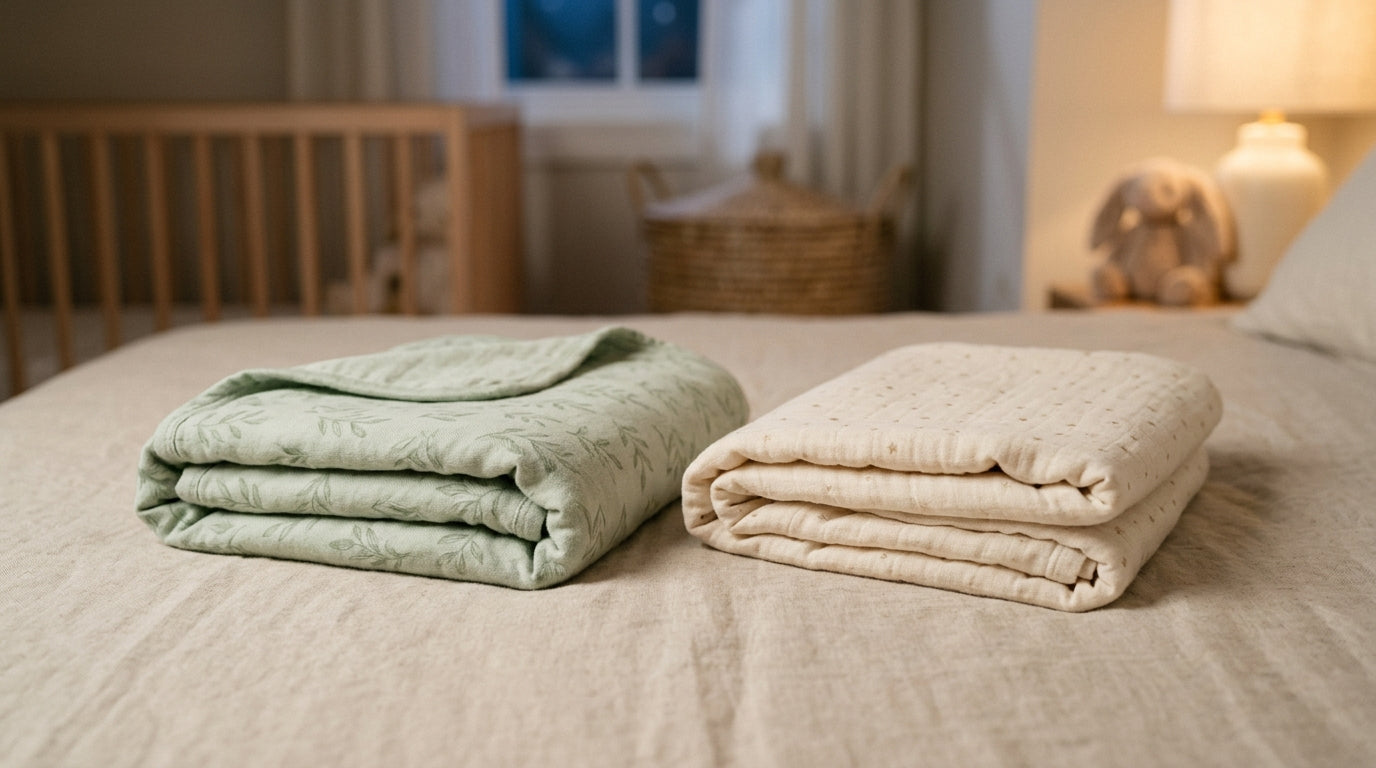 A pile of square baby blankets next to a folded sleep sack on a crib mattress