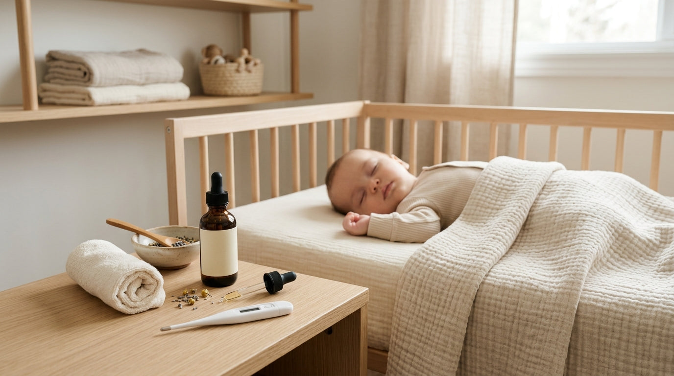 Exhausted mom checking her sick baby's temperature in the middle of the night