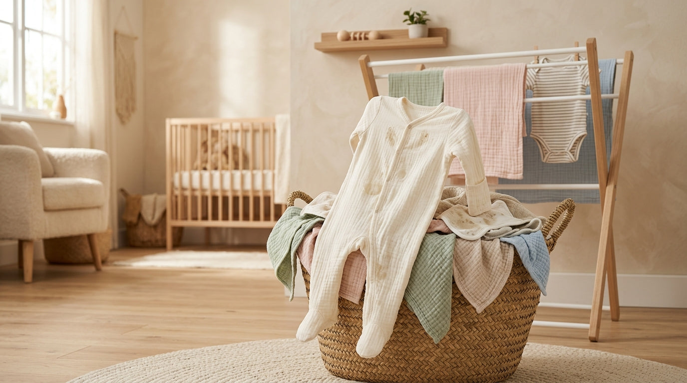 Tired mother holding a baby with a spit-up cloth over her shoulder