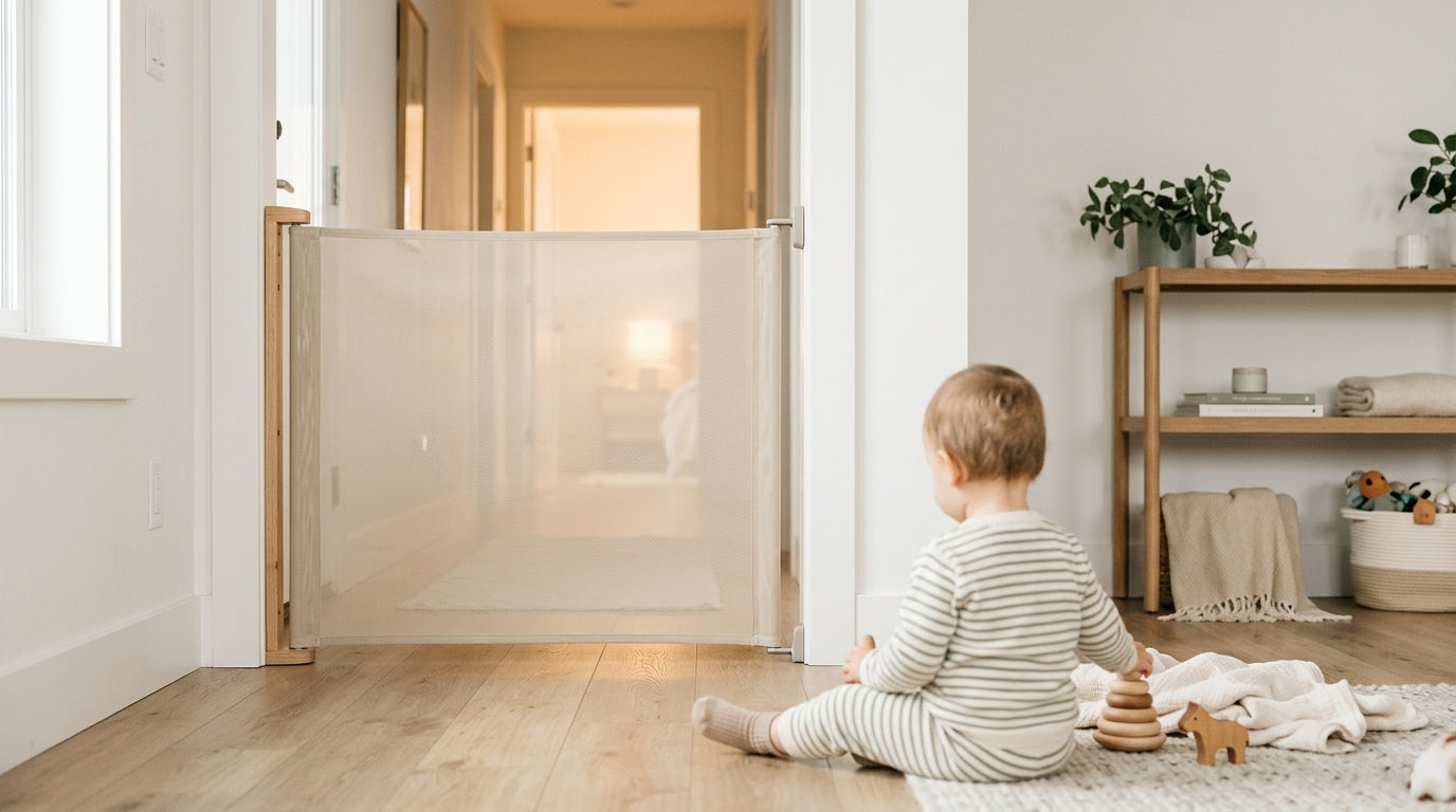 A frustrated mom looking at a flexible mesh baby gate spanning a hallway.