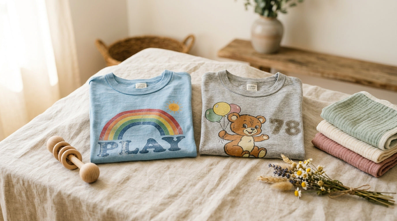 A tired dad holding two toddlers wearing organic retro tshirts while surrounded by laundry.