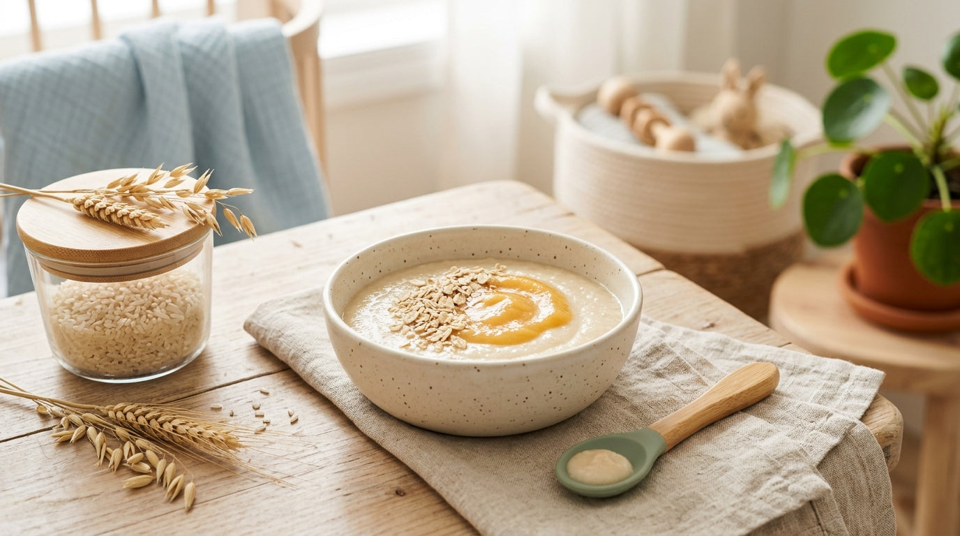 A confused dad holding a box of infant rice flakes while his baby looks away.