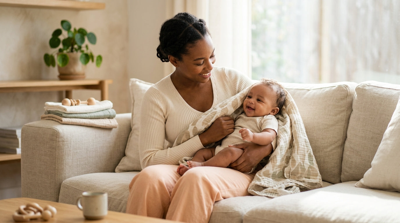 Priya holding a baby while looking at a phone screen in a dim room