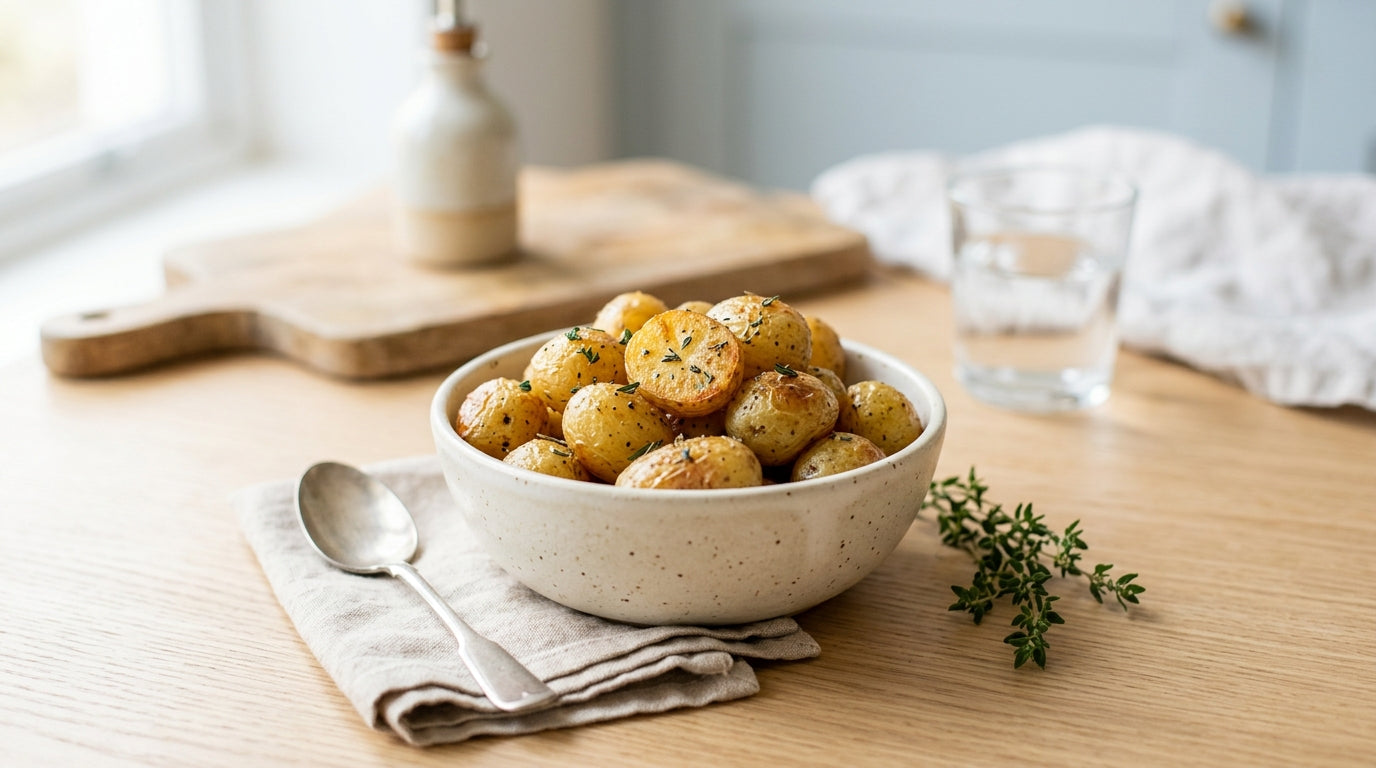 A messy baking sheet of oven roasted baby potatoes cut into safe wedges for a baby