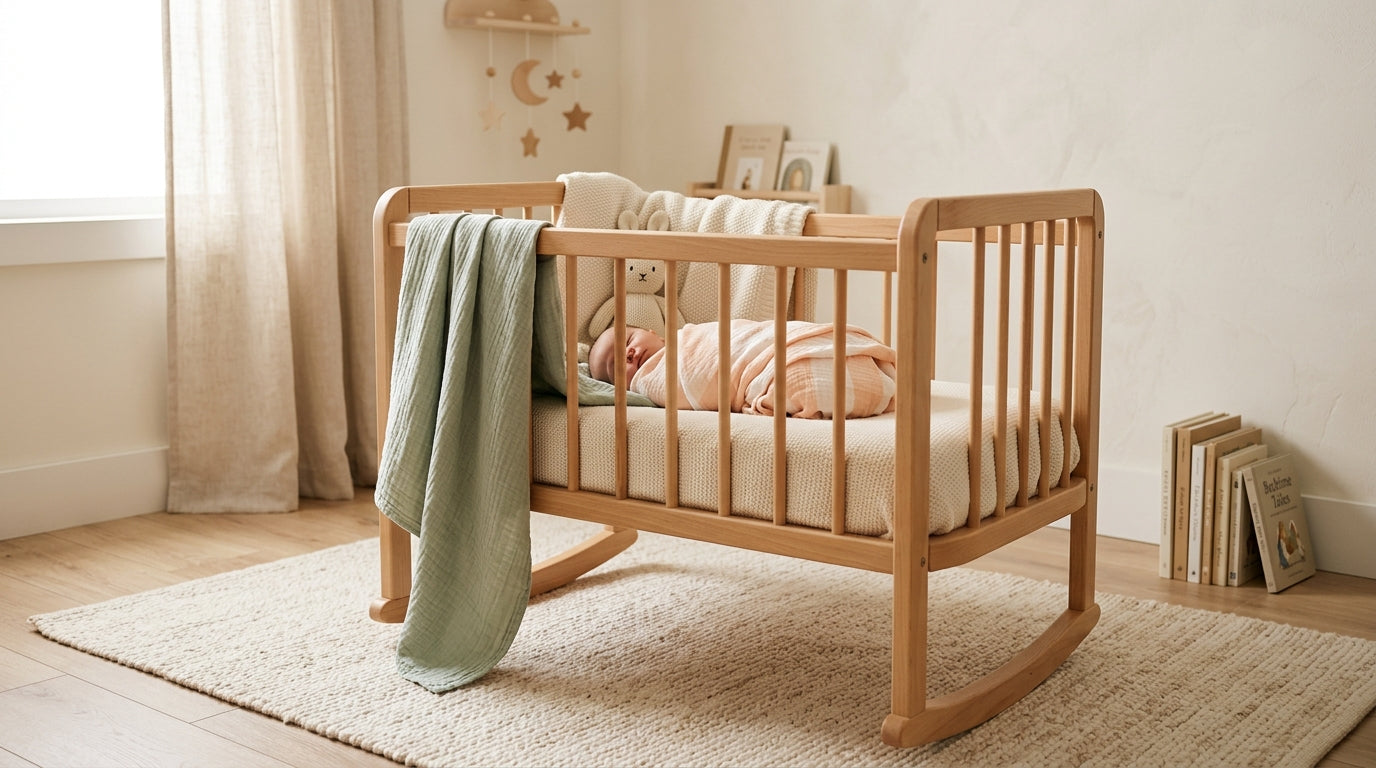 Exhausted mother comforting a baby in a dimly lit nursery