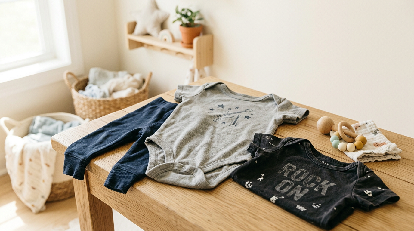 A toddler in a faded black vintage band tee spilling coffee on a silicone space bib