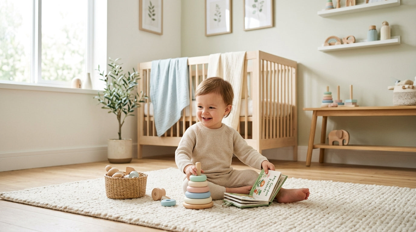 A frustrated mother reading a botanical baby lotion ingredient label while holding her toddler