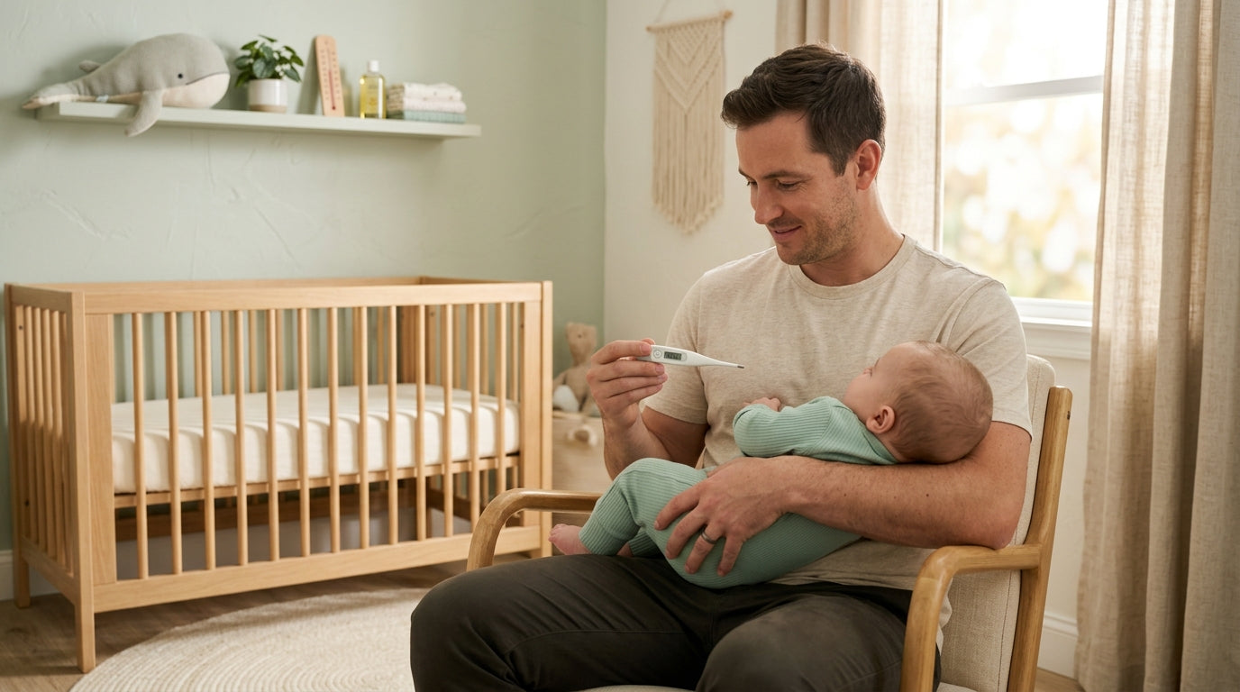 A tired dad holding a congested twin baby trying to spot RSV symptoms during the winter virus season