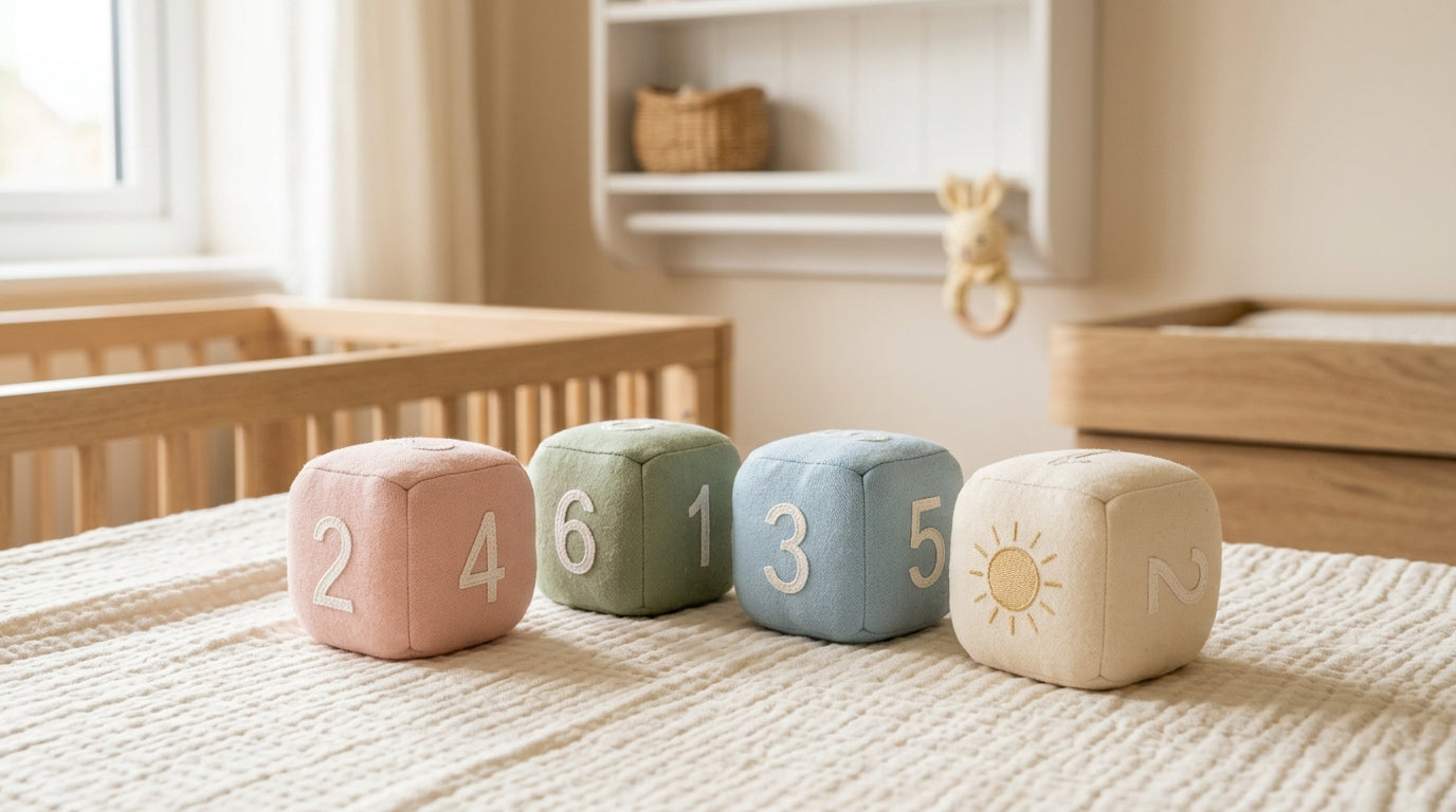 A baby holding a large soft silicone twenty-sided die while sitting on a playmat