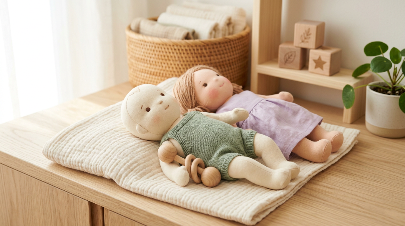 Confused mom searching john baby doll dixon while holding a safe baby doll