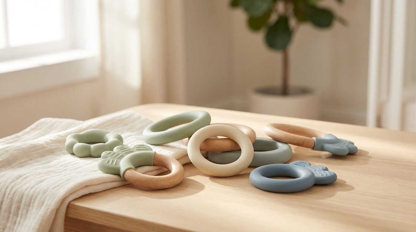 A chewed-up silicone baby teether next to a spilled cup of cold coffee