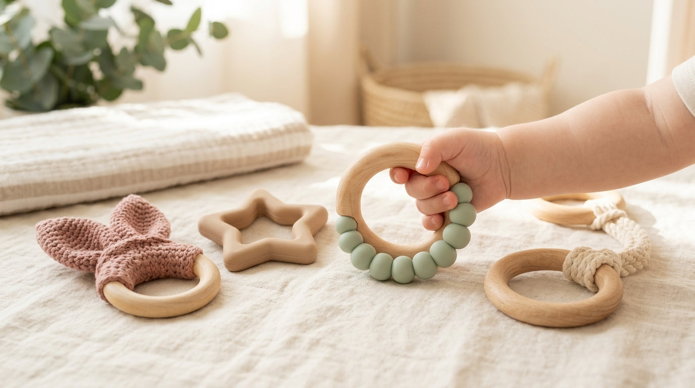 Silicone baby teething ring resting on a folded organic cotton bodysuit.