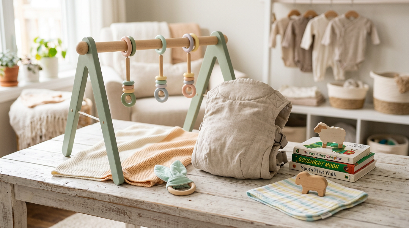 A pile of folded secondhand baby clothes next to a wooden toy