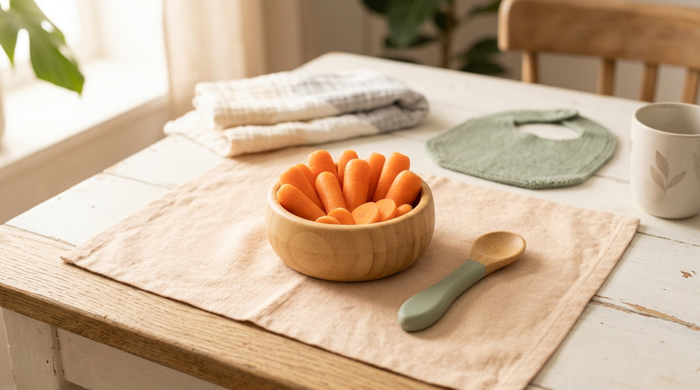 Mom cutting roasted carrots on a wooden cutting board for her baby's lunch.